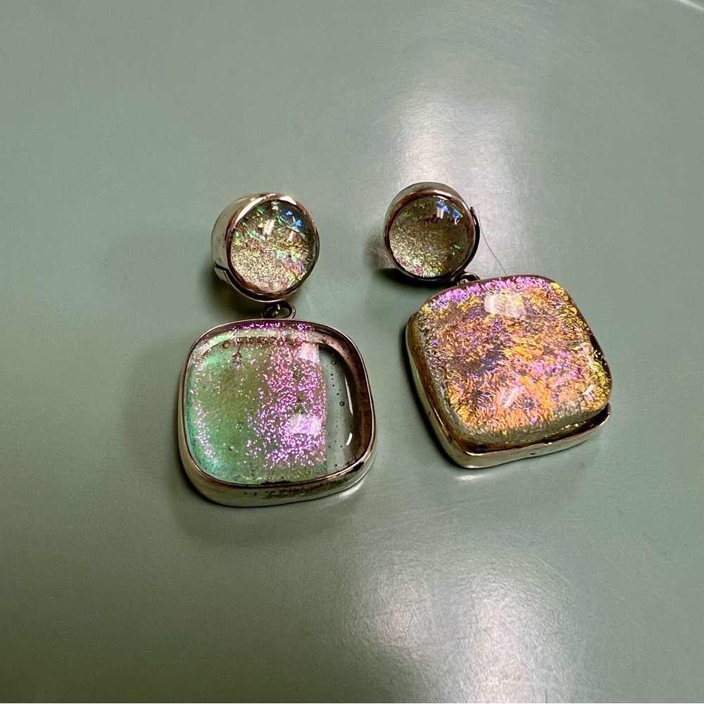 Artisan-made Sterling Silver and Glass Iridescent Earrings - Picture 11 of 14